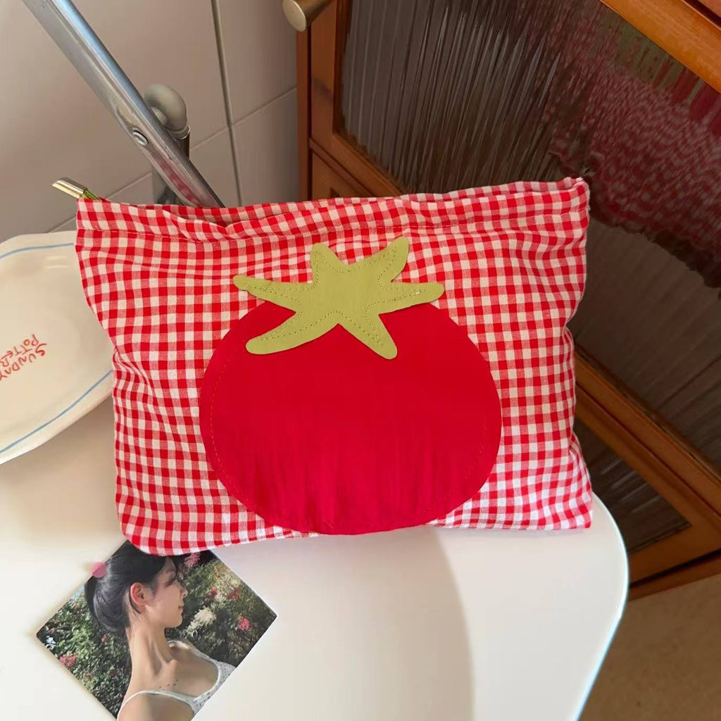 Cute Red Grid Tomato Cosmetic Bag Large Capacity Portable Hand Held Toiletry Bag