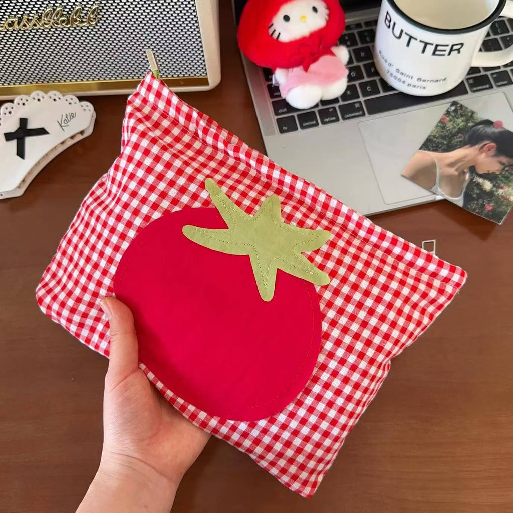 Cute Red Grid Tomato Cosmetic Bag Large Capacity Portable Hand Held Toiletry Bag