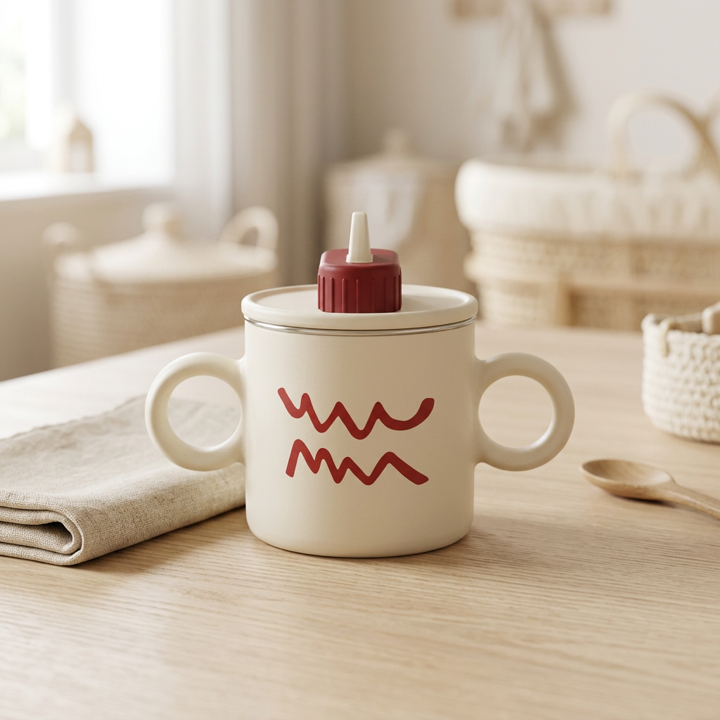 Crèmekleurige cup op een lichte houten tafel
