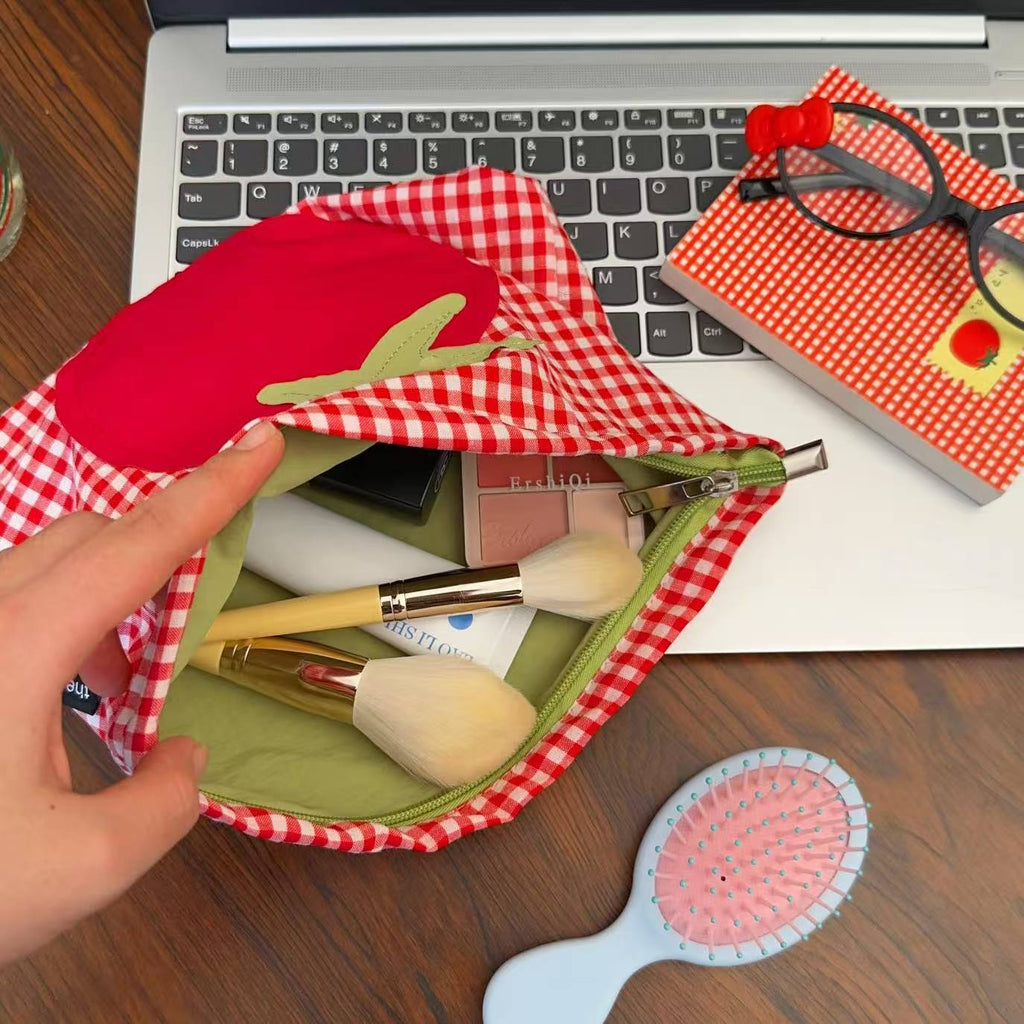 Cute Red Grid Tomato Cosmetic Bag Large Capacity Portable Hand Held Toiletry Bag