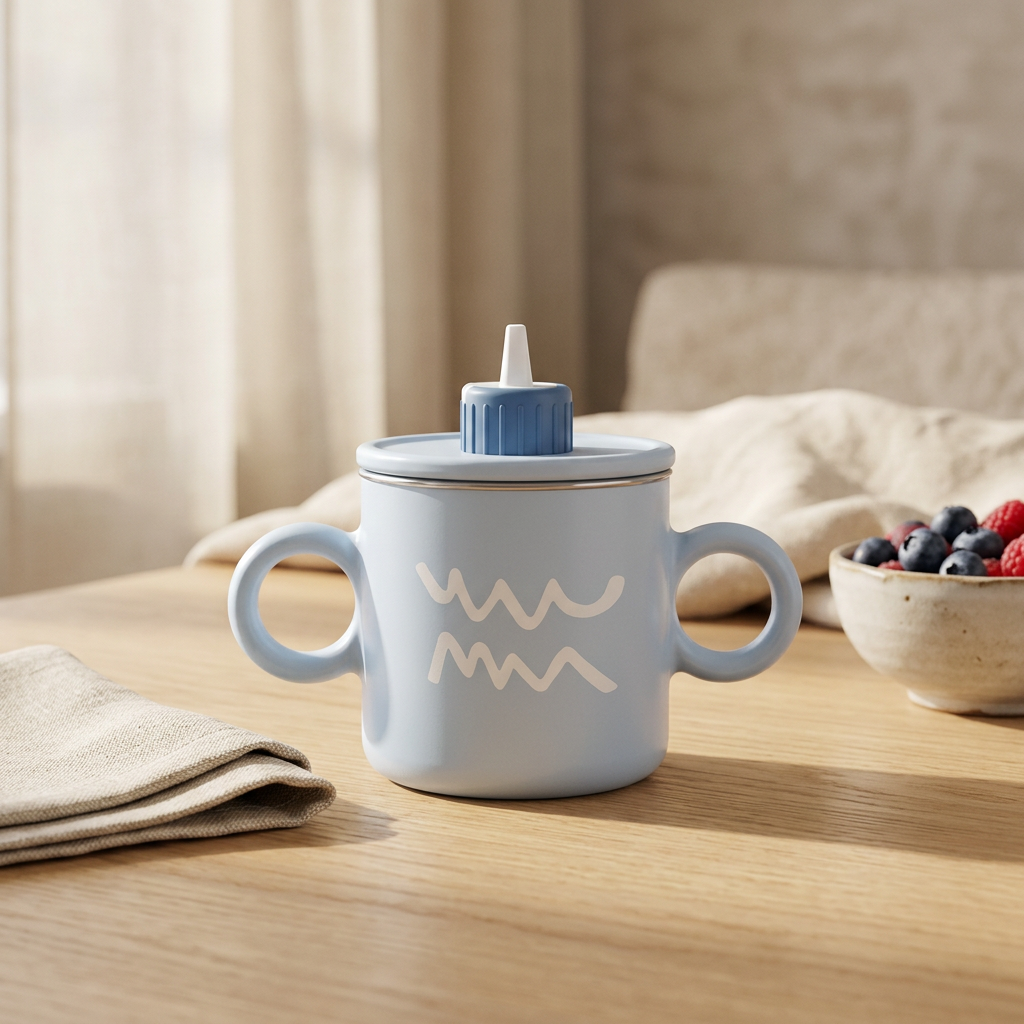 Stainless Steel Kids' Cup in blue on a light oak breakfast table in soft morning light
