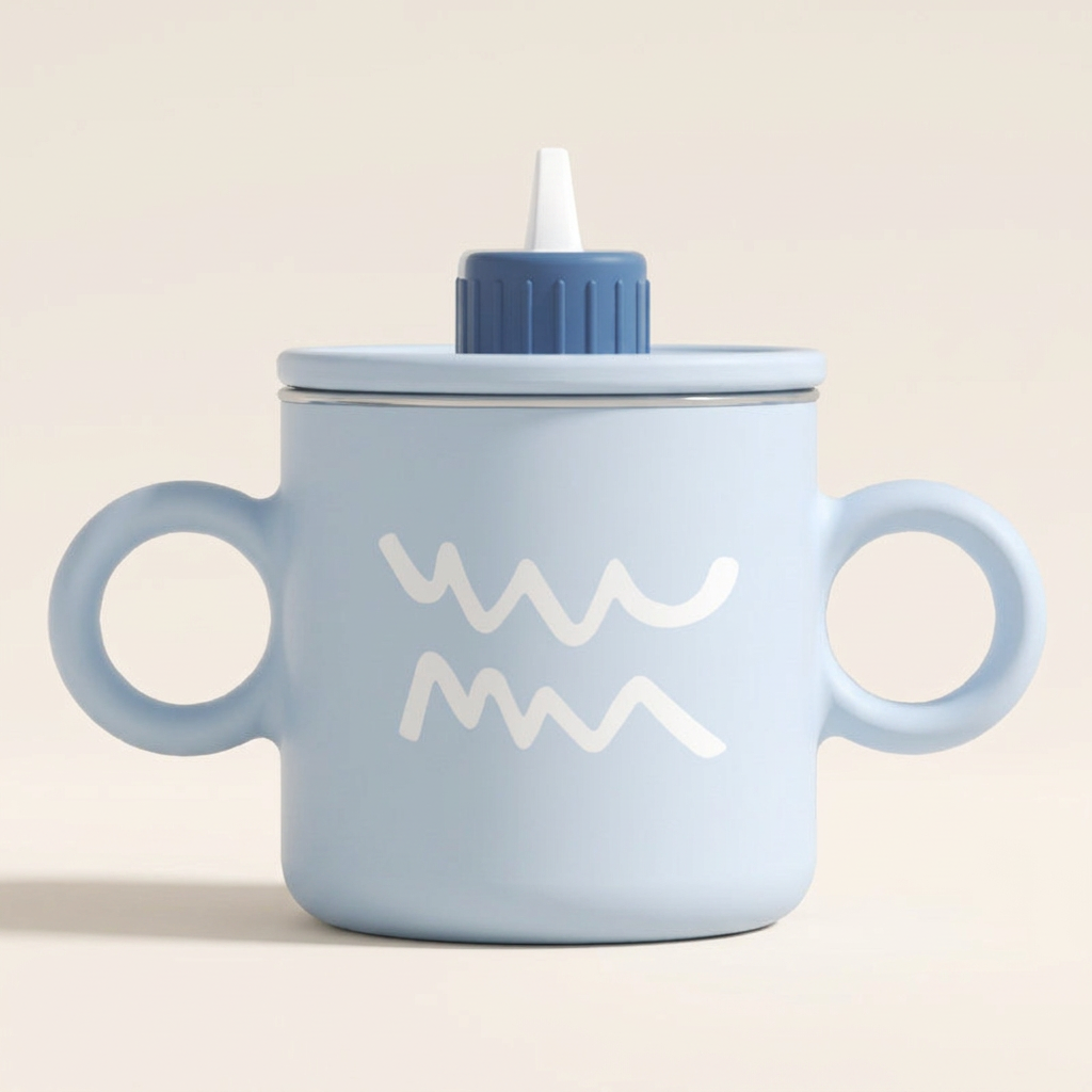 Light blue kids' cup with two handles and a drinking spout on an ivory background
