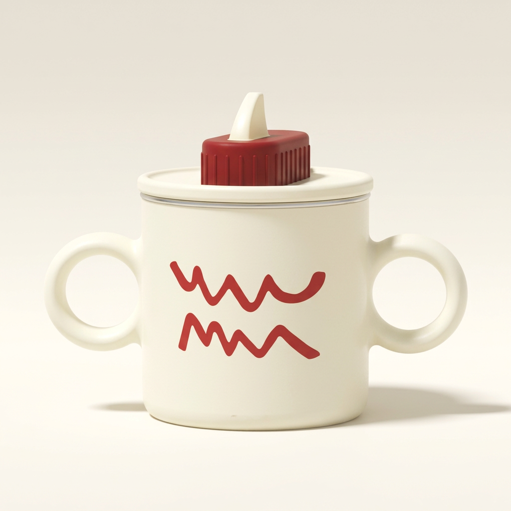 Cream kids' cup with red details on an ivory background